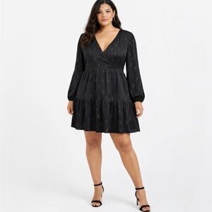 NWT Madewell Metallic Jacquard Faux Wrap Tiered Babydoll Mini Dress Black ~XL💛